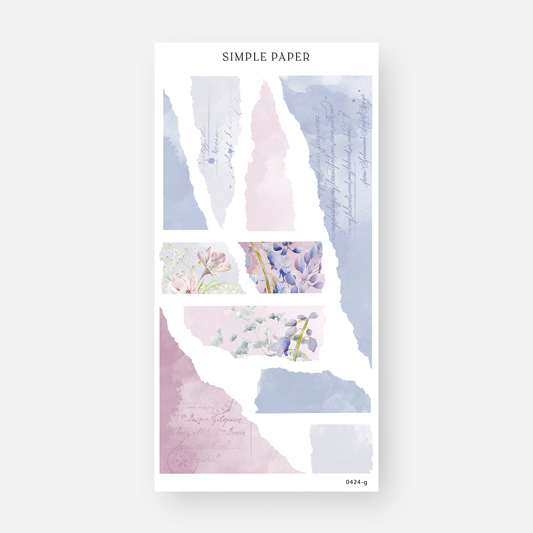 Dusty blue and mauve torn paper washi stickers with script and floral insets, April 2024 Sheet G
