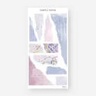 Dusty blue and mauve torn paper washi stickers with script and floral insets, April 2024 Sheet G