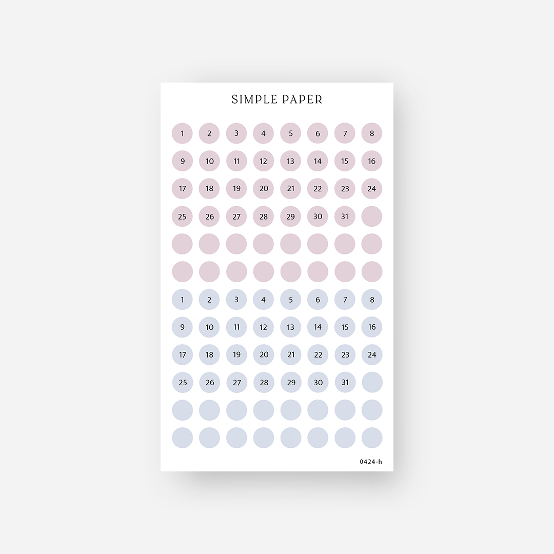 Dusty rose and dusty blue date dot stickers numbered 1 to 31 with blank dots, April 2024 Sheet H