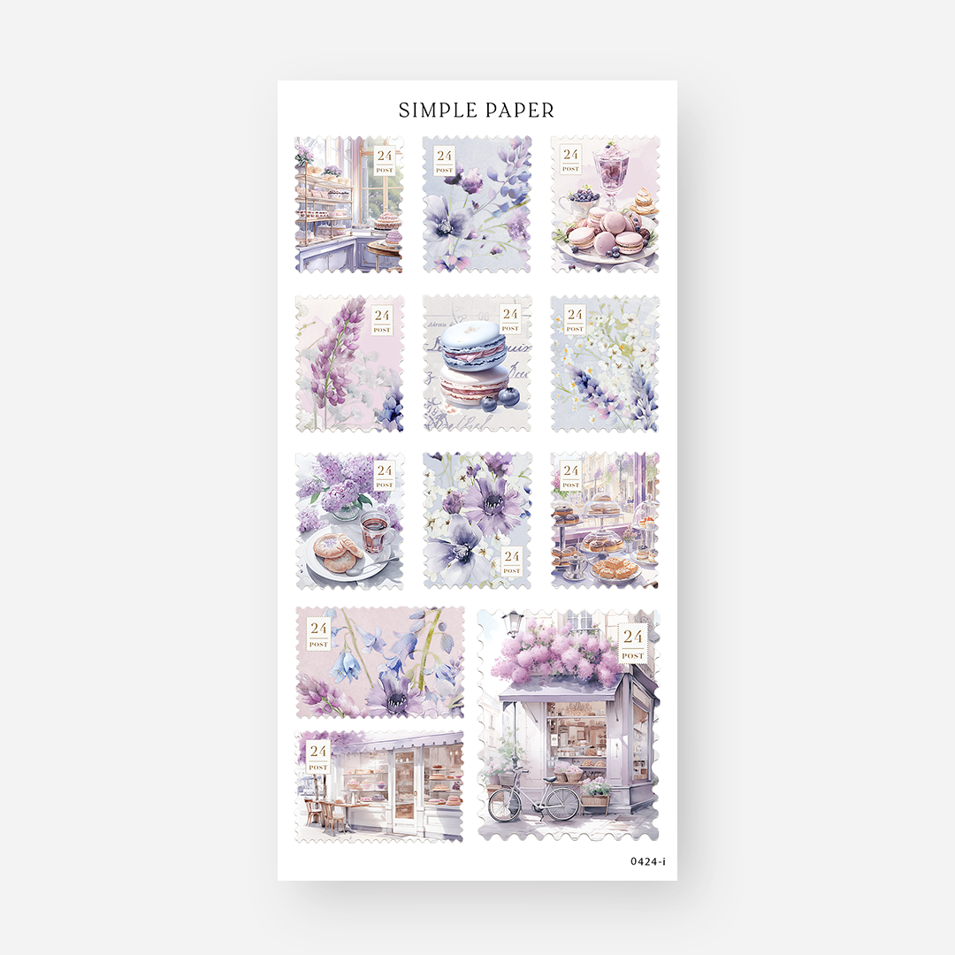 Vintage postage stamp stickers with bakery scenes, macarons and a flower shop storefront, April 2024 Sheet I