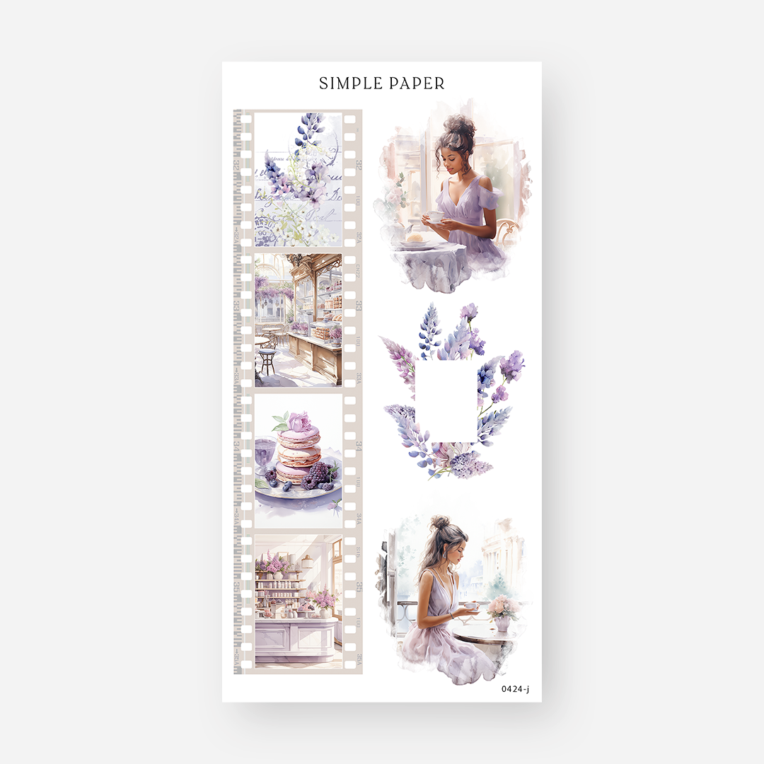 Film strip stickers with cafe scenes, macarons and women in lavender dresses, April 2024 Sheet J
