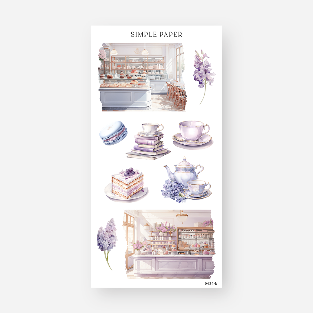 Bakery display, teacup on books, cake slice and teapot stickers with hyacinth, April 2024 Sheet K