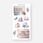 Bakery display, teacup on books, cake slice and teapot stickers with hyacinth, April 2024 Sheet K