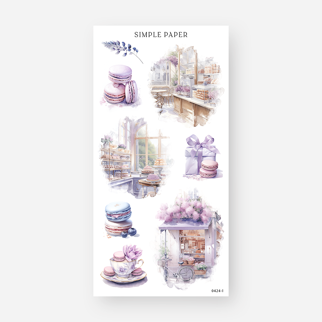 Bakery storefront stickers with macarons, a ribboned gift box and a floral teacup, April 2024 Sheet L