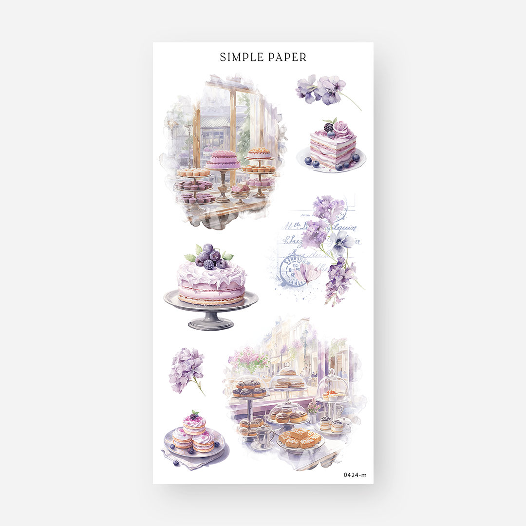 Bakery display and berry cake stickers with pastry counter and vintage postcard florals, April 2024 Sheet M