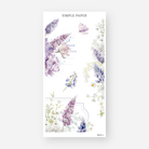 Hyacinth, lilac and wisteria floral stickers over a faded postcard script, April 2024 Sheet N