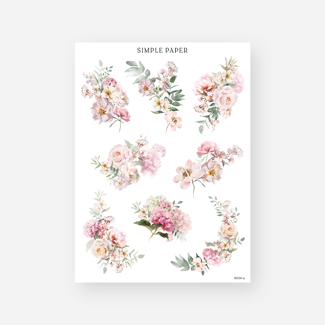 Pink and cream rose, peony, and hydrangea bouquet stickers with greenery, May 2024 Sheet A