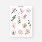 Single pink and cream rose, peony, and hydrangea stickers with leaf sprigs, May 2024 Sheet B