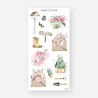 Garden stickers with a bird feeder, butterflies, rain boots, floral envelopes, apron, and hand tools, May 2024 Sheet E