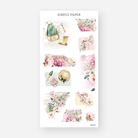 Vintage garden collage stickers with an apron, boots, shears, trowel, hat, and floral clusters, May 2024 Sheet F