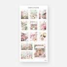 Postage stamp stickers with greenhouses, flower shop storefronts, a bicycle, and florals, May 2024 Sheet I