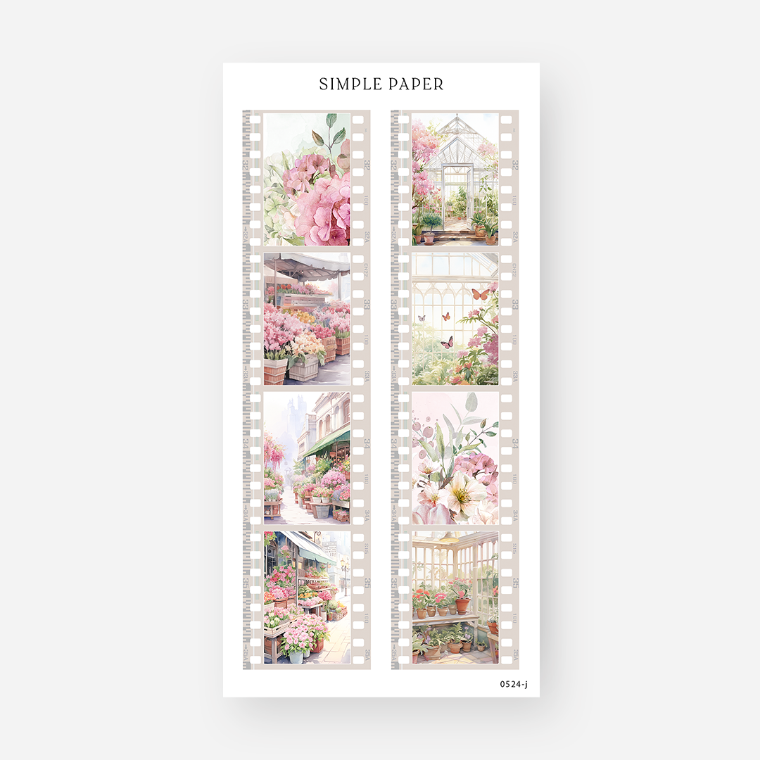 Film strip stickers with a flower market stall, greenhouse, butterflies, and florals, May 2024 Sheet J