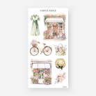 Flower shop, bicycle, dress, tote bag, hat, and rose stickers in sage and pink, May 2024 Sheet K