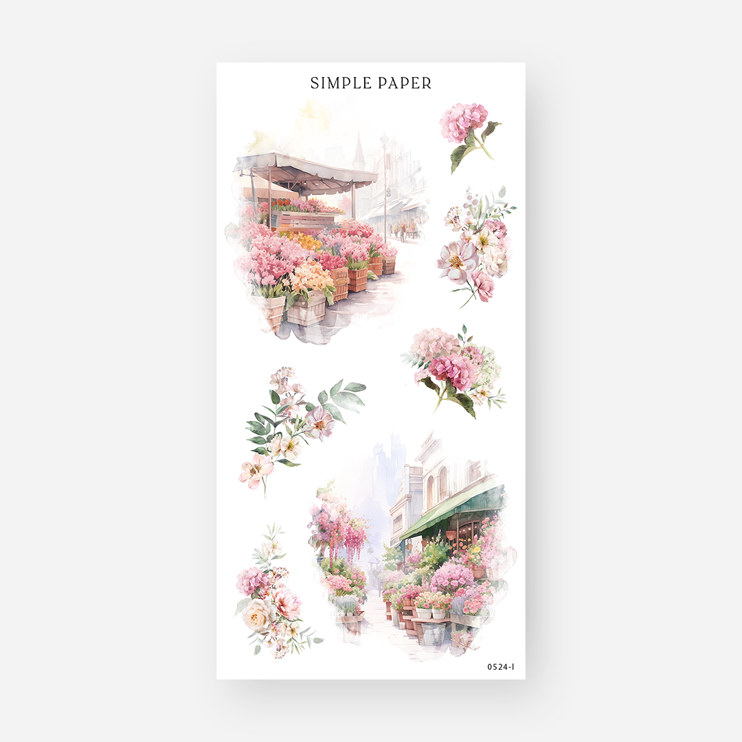 Flower market stall stickers with baskets of pink blooms, a storefront awning, and floral clusters, May 2024 Sheet L
