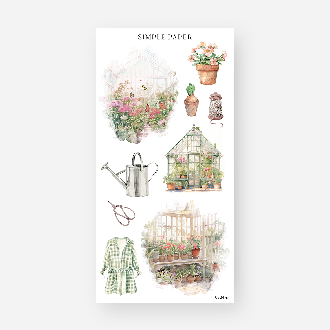 Greenhouse garden stickers with potted flowers, a watering can, scissors, twine, and a checkered shirt, May 2024 Sheet M