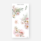 Pink and cream rose and hydrangea stickers over faint vintage botanical text, May 2024 Sheet N
