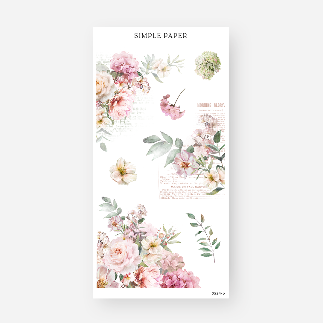 Pink and cream rose, dahlia, and hydrangea stickers over vintage seed catalog text, May 2024 Sheet O