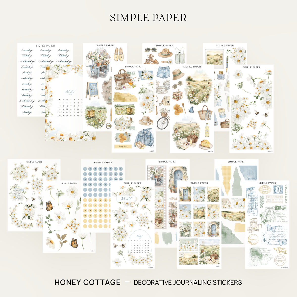 Honey Cottage Full Decorative Kit: 14 sticker sheets of daisies, honeybees, picnics and date dots by Simple Paper