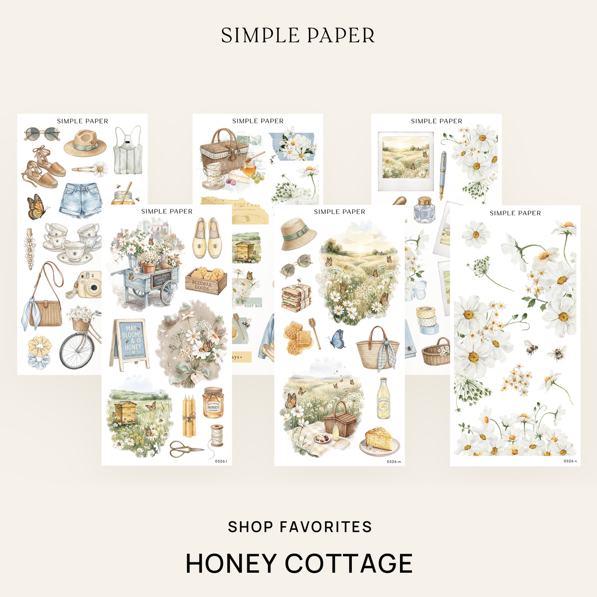 Honey Cottage Shop Favorites Bundle: six sticker sheets with daisies, honeybees and picnic scenes by Simple Paper