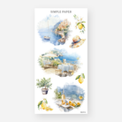 Coastal village lifestyle stickers with sailboat, terrace dining and lemons, June 2024 Sheet K