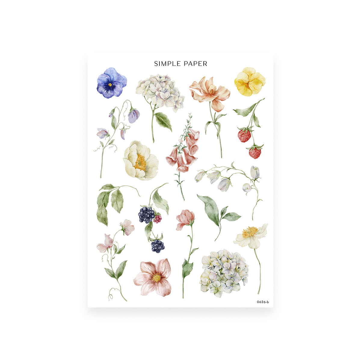 Parkside Sheet B sticker sheet: single pansy, hydrangea, sweet pea, foxglove and strawberry stems