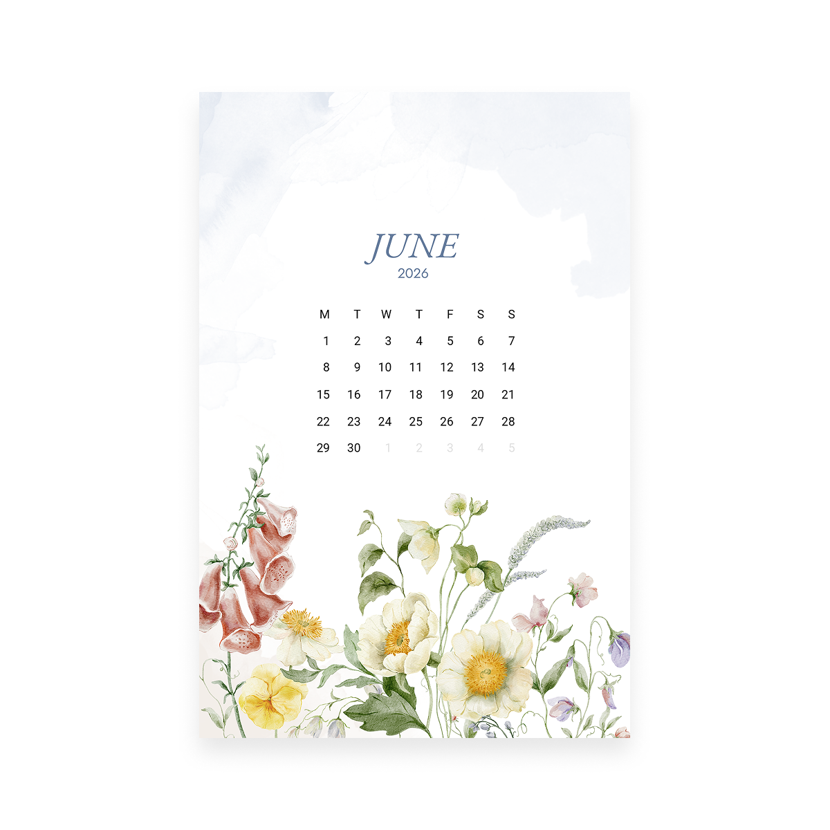 Parkside June 2026 Luxe Journaling Card: June calendar framed with hydrangeas and pink roses by Simple Paper