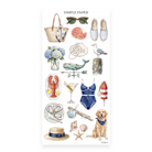 By The Sea Sheet E sticker sheet: a straw tote, whale weather vane, oysters and a golden retriever