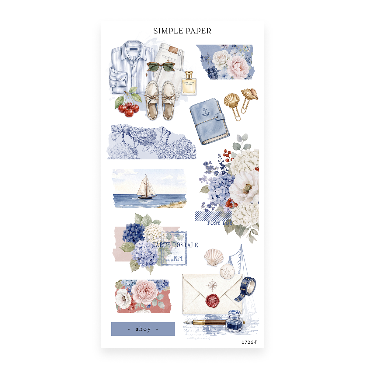 By The Sea Sheet F sticker sheet: a striped shirt, loafers, shell hair clips and an anchor journal
