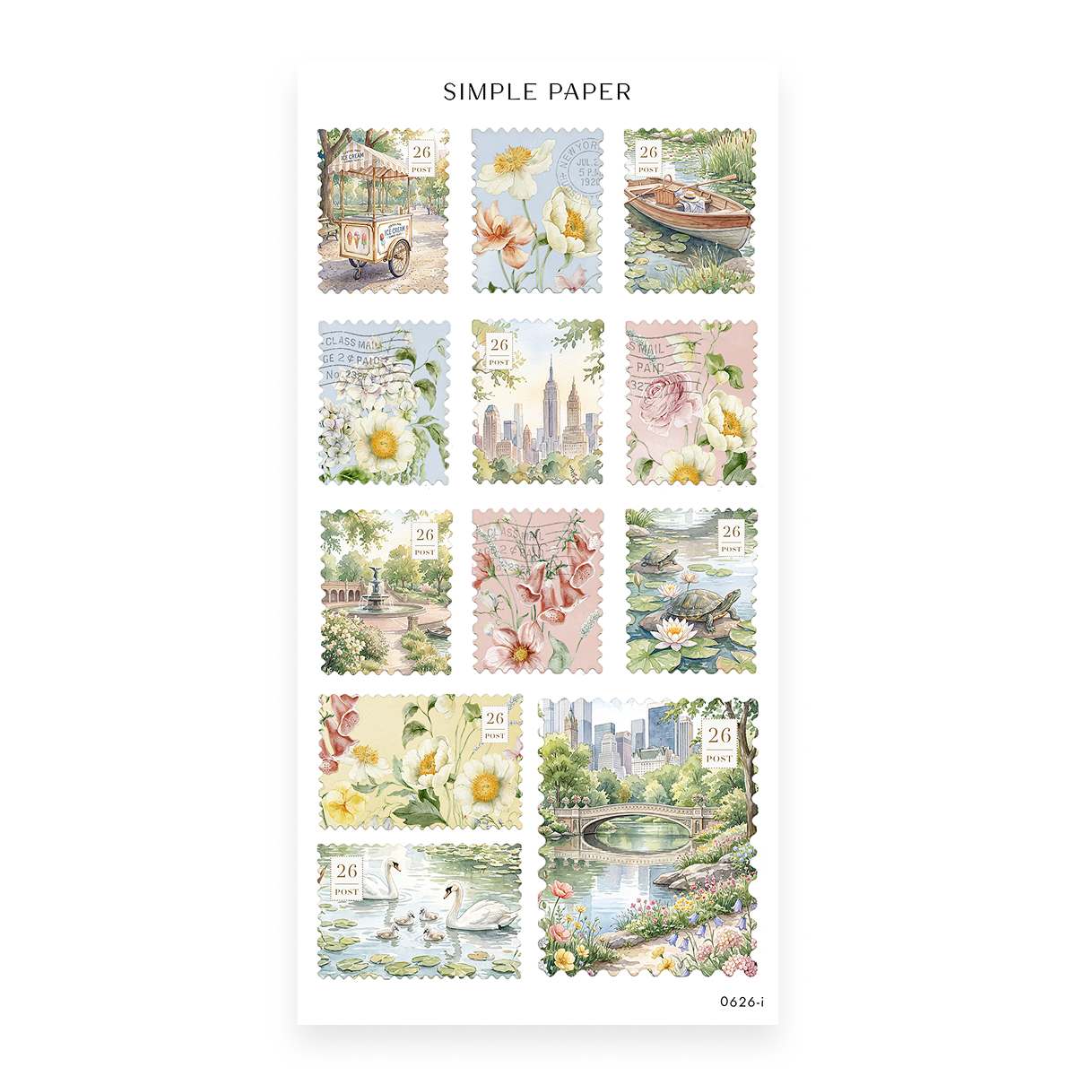 Parkside Sheet I sticker sheet: postage stamps of an ice cream cart, a rowboat, swans and a bridge