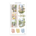 Parkside Sheet K sticker sheet: a film strip of a city street, blossoms and a park fountain