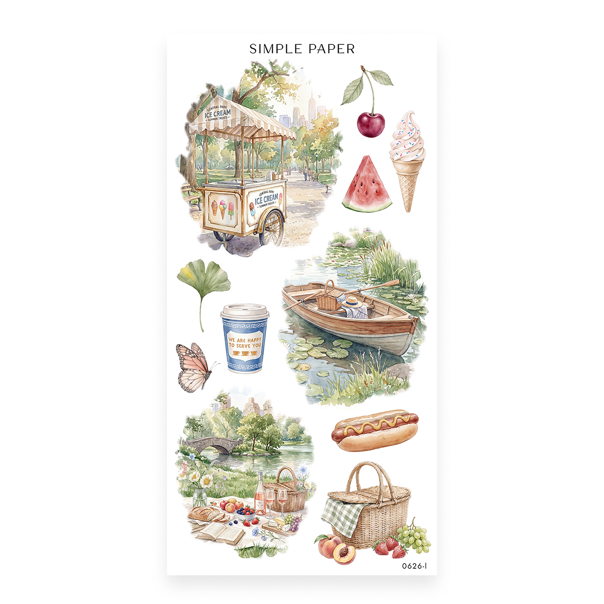 Parkside Sheet L sticker sheet: an ice cream cart, watermelon, a rowboat and a picnic with fruit