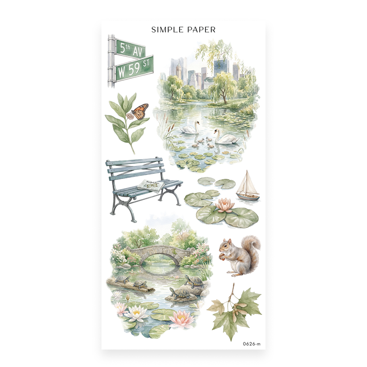 Parkside Sheet M sticker sheet: a park bench, swans on a pond, a stone bridge and a squirrel