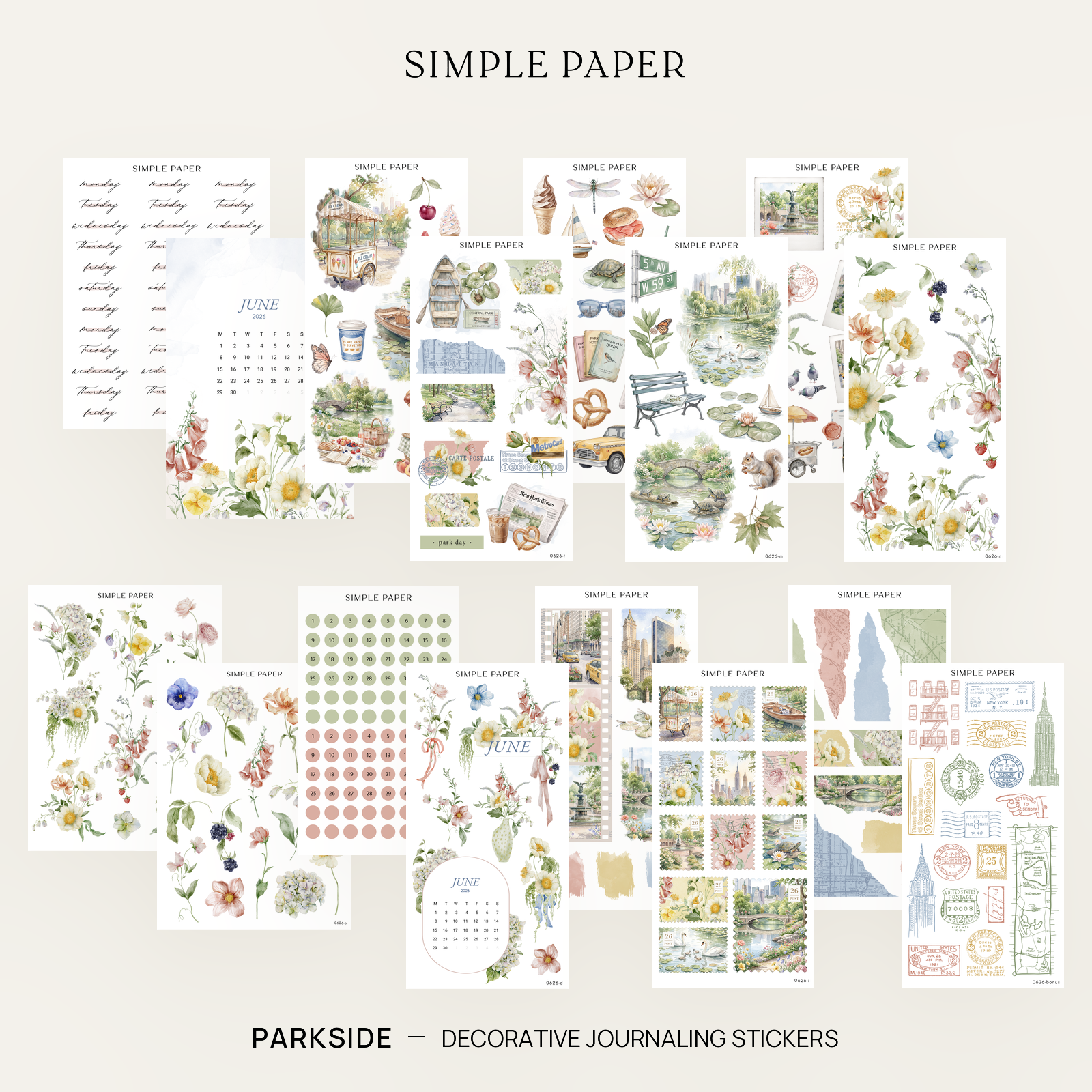 Parkside Full Decorative Kit: 14 sticker sheets of summer blooms, park scenes and date dots by Simple Paper