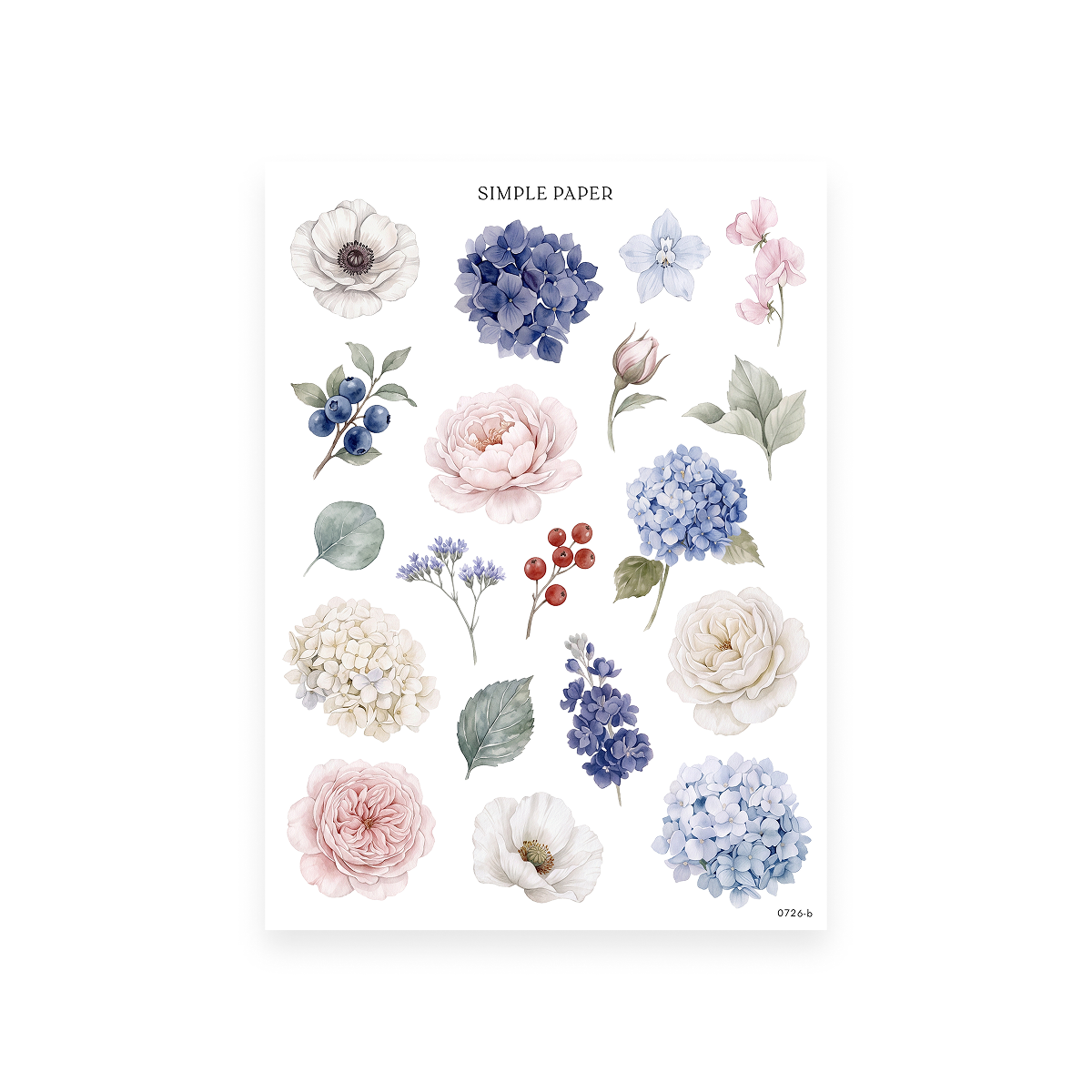 By The Sea Sheet B sticker sheet: single anemone, hydrangea, sweet pea, peony and berry stems