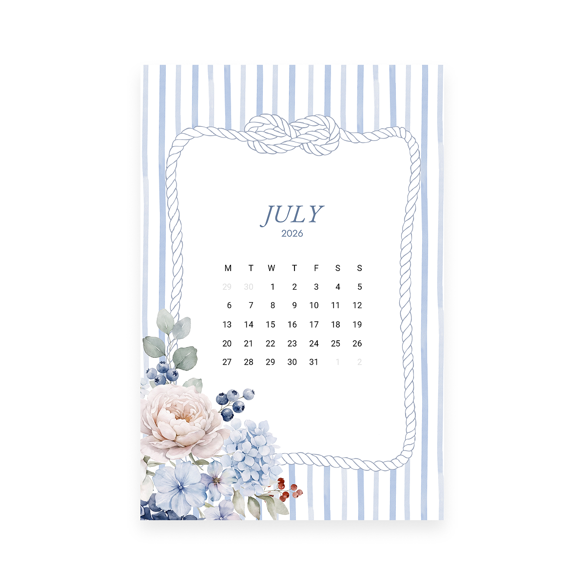 By The Sea July 2026 Luxe Journaling Card: July calendar framed with blue and white hydrangeas by Simple Paper