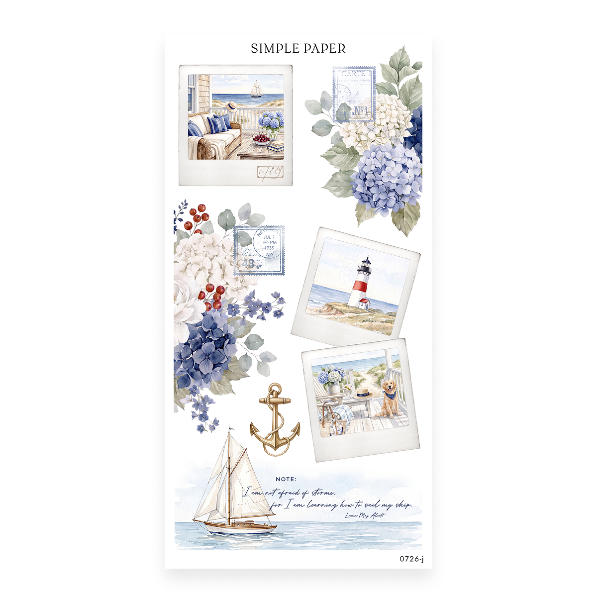 By The Sea Sheet J sticker sheet: instant photos of a striped sofa, a lighthouse and a beach table