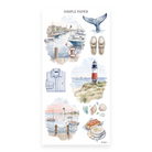 By The Sea Sheet L sticker sheet: a sunset harbor, whale tail, boat shoes, a lobster roll and chowder