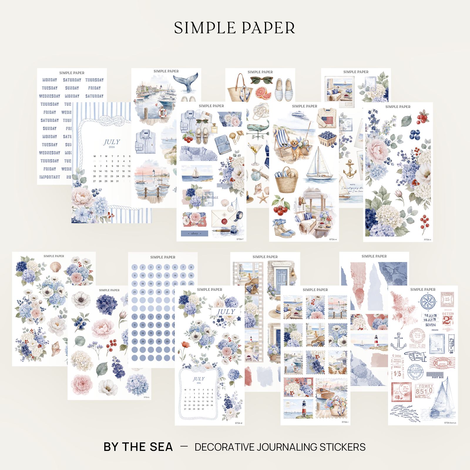 By The Sea Full Decorative Kit: 14 sticker sheets of hydrangeas, harbor scenes and date dots by Simple Paper
