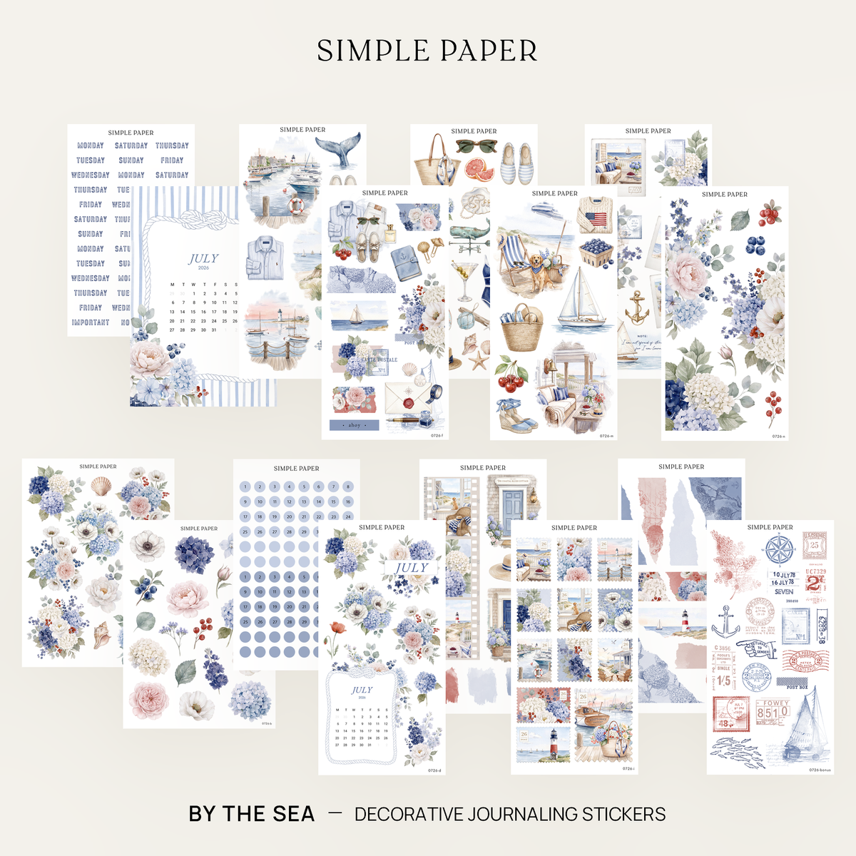 By The Sea Full Decorative Kit: 14 sticker sheets of hydrangeas, harbor scenes and date dots by Simple Paper