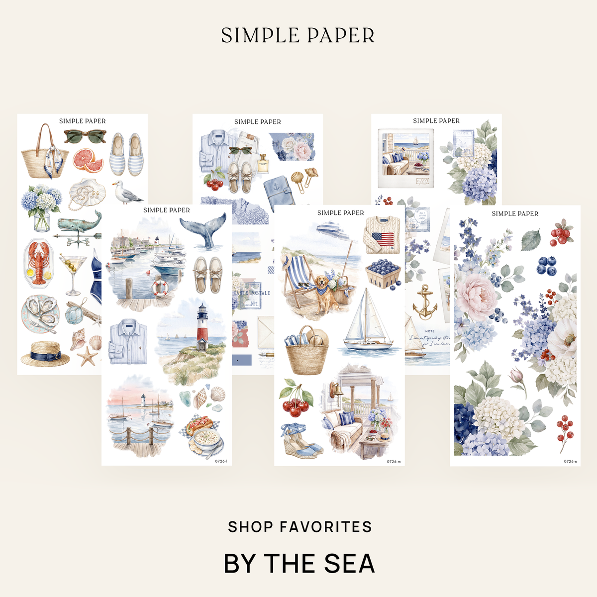By The Sea Shop Favorites Bundle: six sticker sheets with blue hydrangeas, harbors and seashells by Simple Paper
