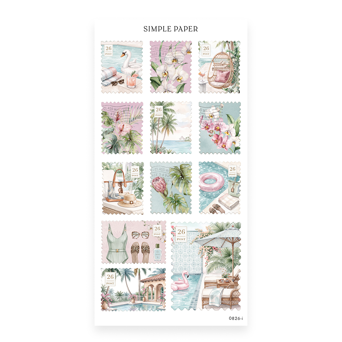 Checking In Sheet I sticker sheet: postage stamps of pool floats, an egg chair and a tiled villa