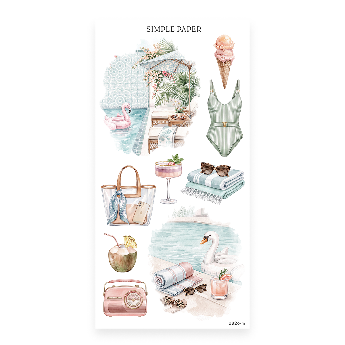 Checking In Sheet M sticker sheet: flamingo and swan pool floats, striped towels and cocktails