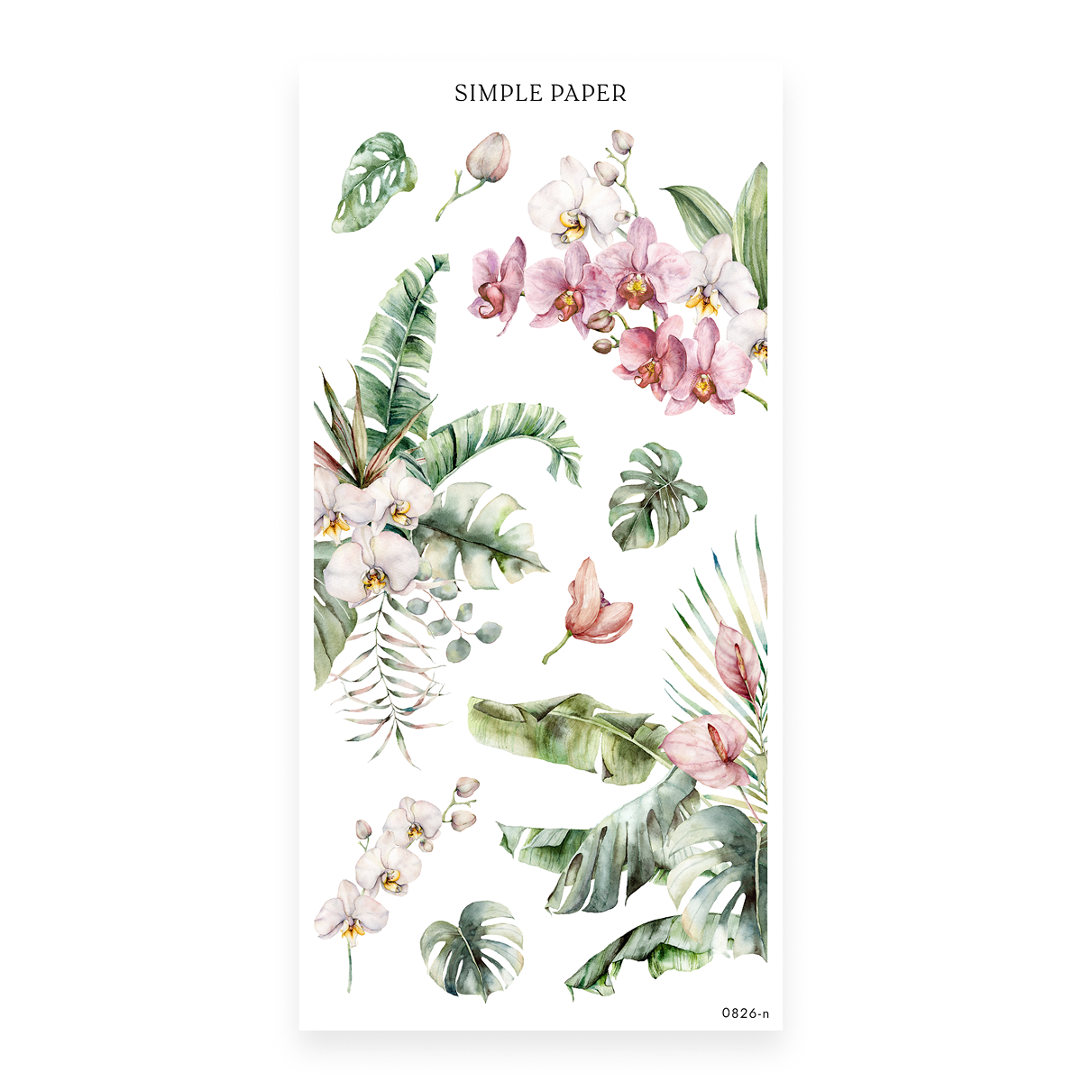Checking In Sheet N sticker sheet: white and pink orchids with monstera, banana leaf and palm