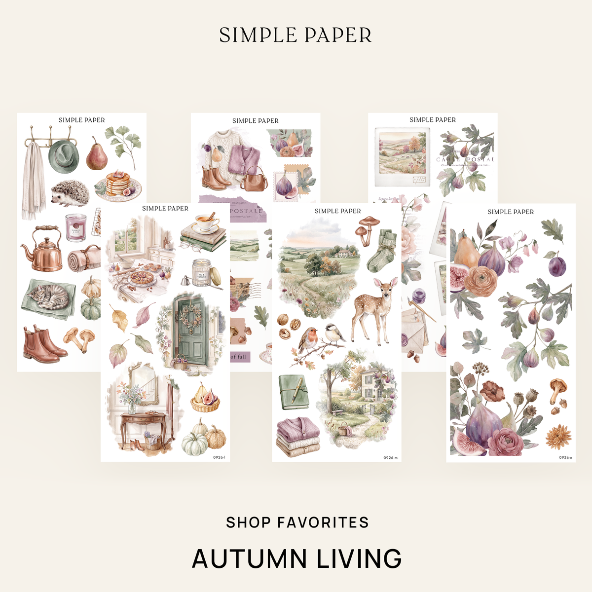 Autumn Living Shop Favorites Bundle: six sticker sheets with watercolor figs, pears and florals by Simple Paper