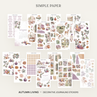 A collage of multiple decorative journaling sticker sheets arranged on a pale pink background, with the text 'SIMPLE PAPER' at the top and 'AUTUMN LIVING - DECORATIVE JOURNALING STICKERS' at the bottom. The stickers feature autumn-themed illustrations including leaves, acorns, pumpkins, flowers, and vintage-style text elements.