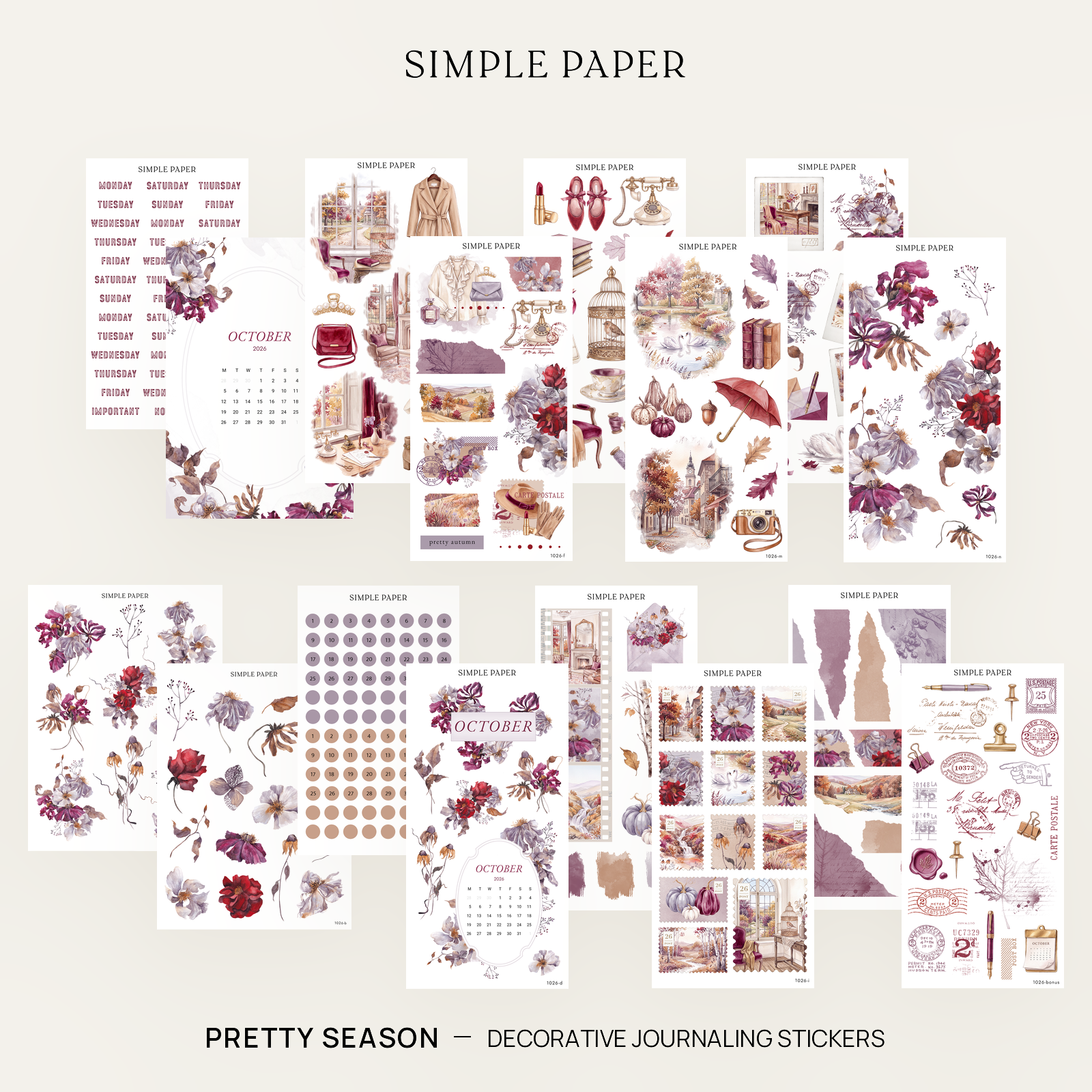 Pretty Season Full Decorative Kit: 14 sticker sheets of watercolor florals, autumn scenes and date dots by Simple Paper