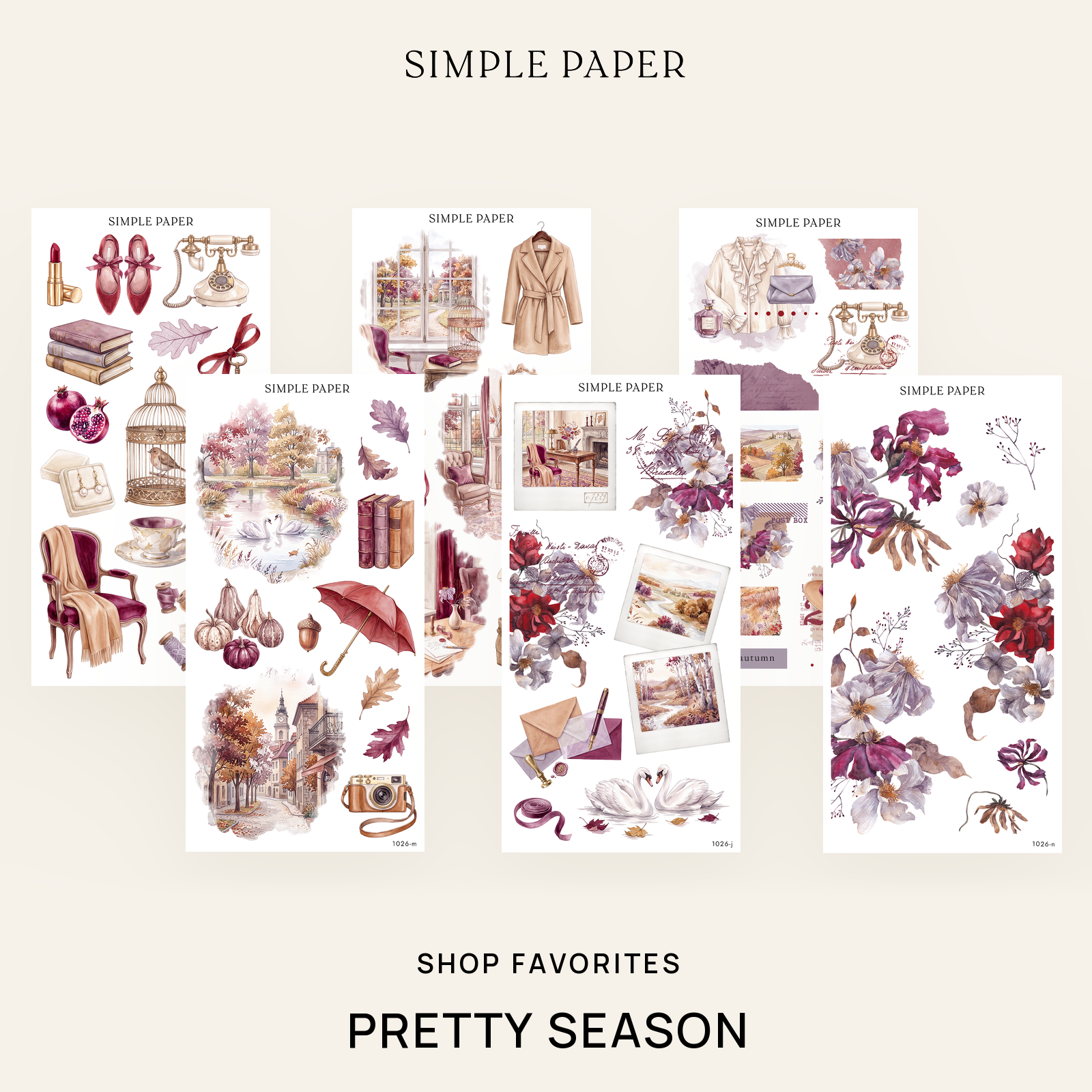 Pretty Season Shop Favorites Bundle: six sticker sheets with watercolor swans, florals and autumn scenes by Simple Paper