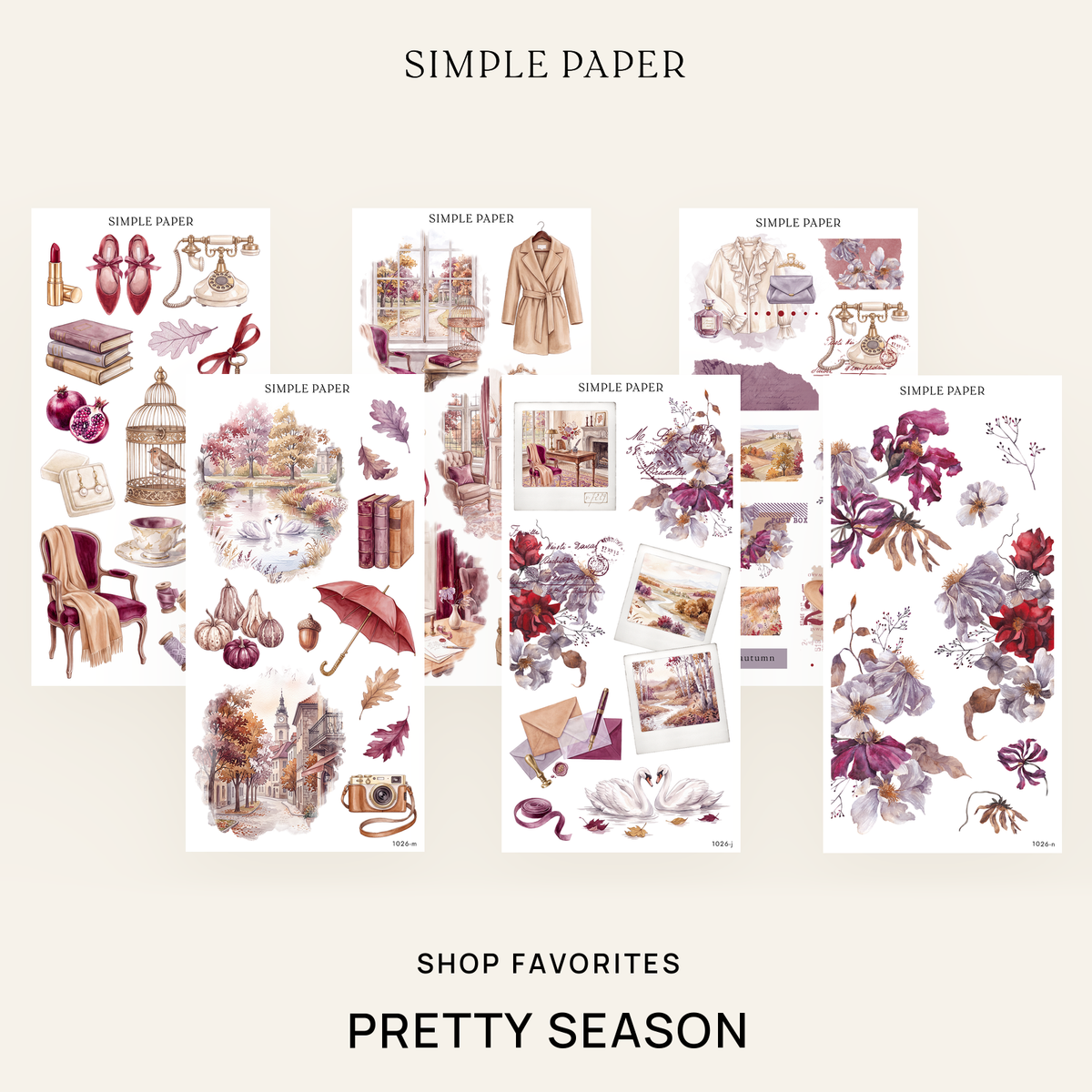 Pretty Season Shop Favorites Bundle: six sticker sheets with watercolor swans, florals and autumn scenes by Simple Paper