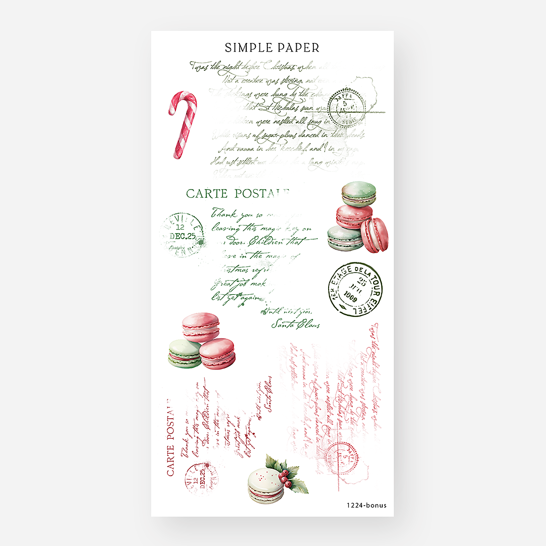 A candy cane, pink and green macarons and faded vintage postcard script, December 2024 Bonus Sheet