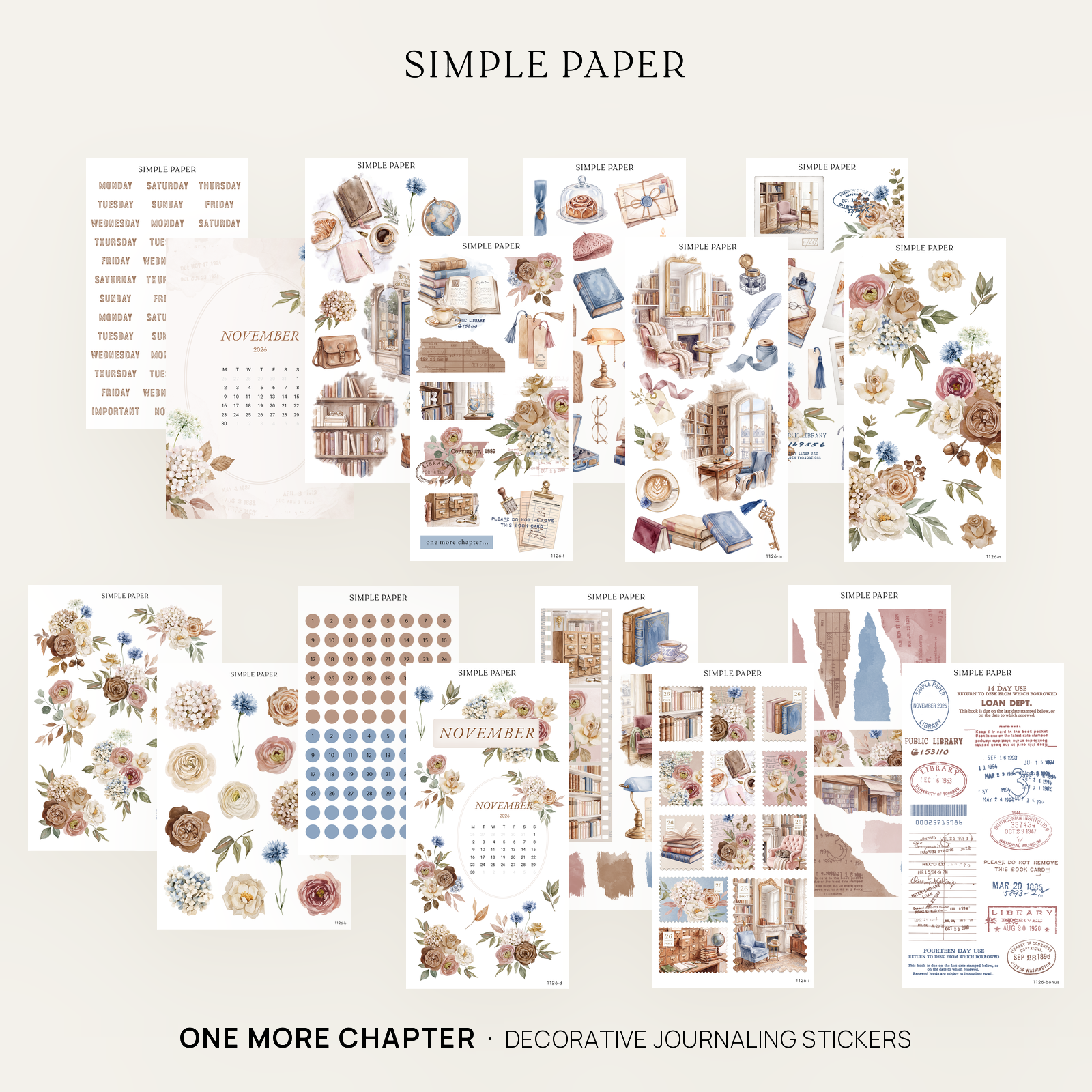 One More Chapter Full Decorative Kit: 14 sticker sheets of autumn florals, library scenes and date dots by Simple Paper